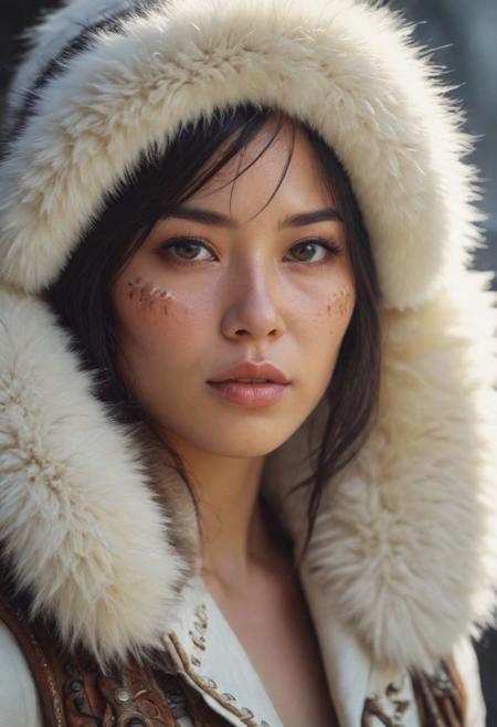 full shot of a barbarian Eskimo woman warrior, chinese oriental face, shiny, white leather armour, fur collar scarf, analog, haze, (lens blur :1.3) , hard top light,  sharp focus on eyes, low saturation, by ilya kuvshinov and flora bosil, highly detailed,  masterful painting in the style of Anders Zorn | Marco Mazzoni | Yuri Ivanovich, Todd McFarlane, oil on canvas
