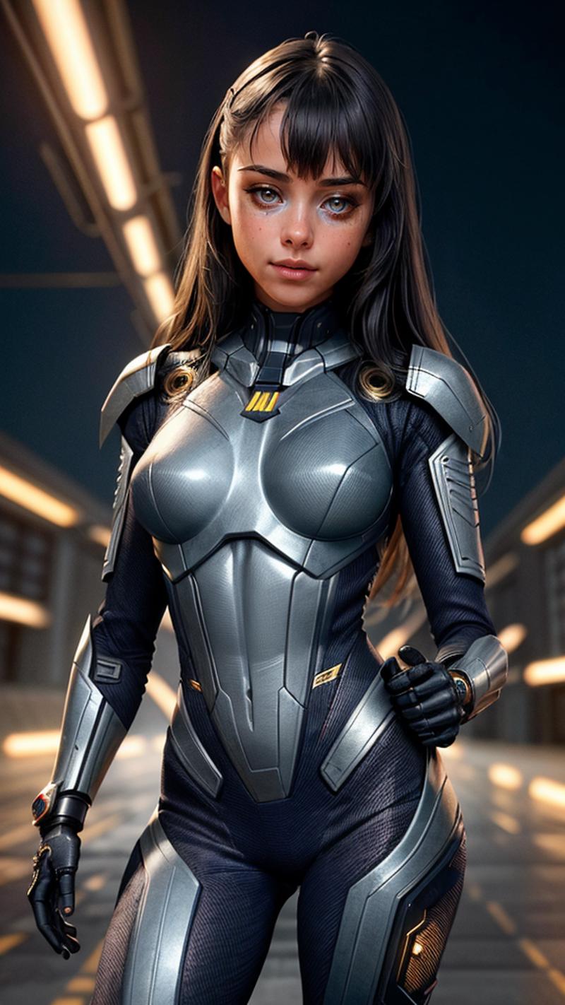 A woman in a futuristic silver and black armored bodysuit.