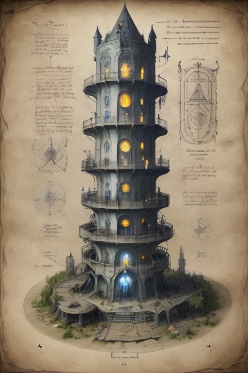 annotated ink on pale mottled parchment, xray blueprint schematic cross-section diagram, tall wizard's tower, many floors,...