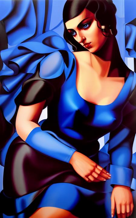 <lora:TDLP:0.8> Painting of a woman wearing a blue-black dress with a low front with her hand raised in a classic hand-pose