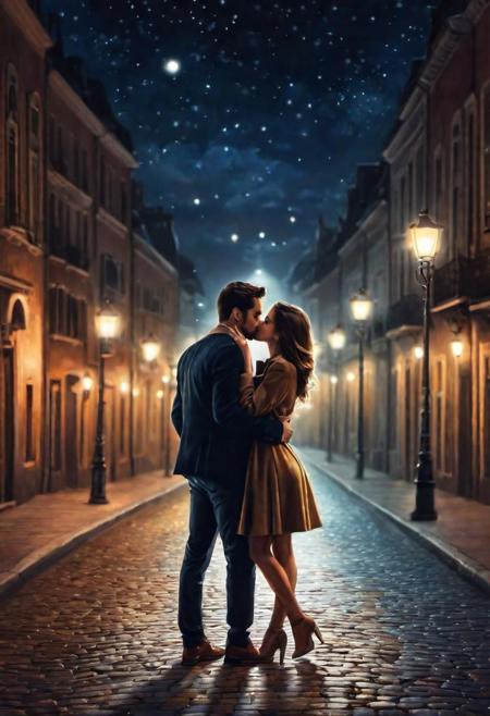 Couple kissing goodbye on an empty street, At night, street lamps illuminated the two of them, foto realista, Qualitatively detailed faces are drawn