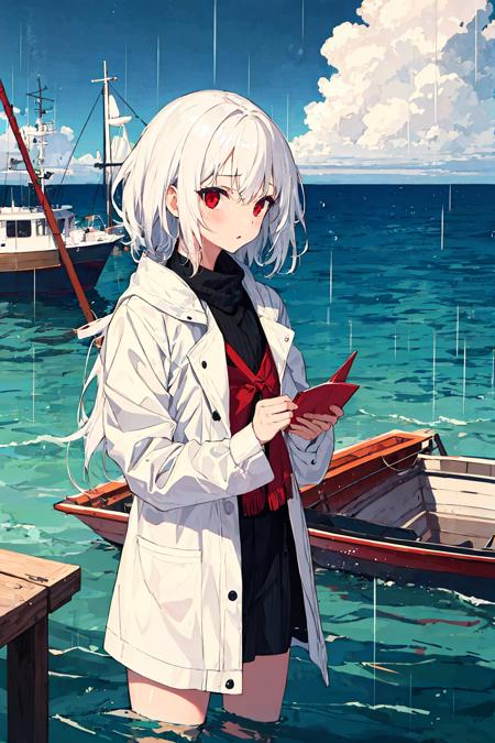 1girl,white hair,rain,sea,boat,red eyes, <lora:lightAndShadow_v10:0.4>,cowboy shot,