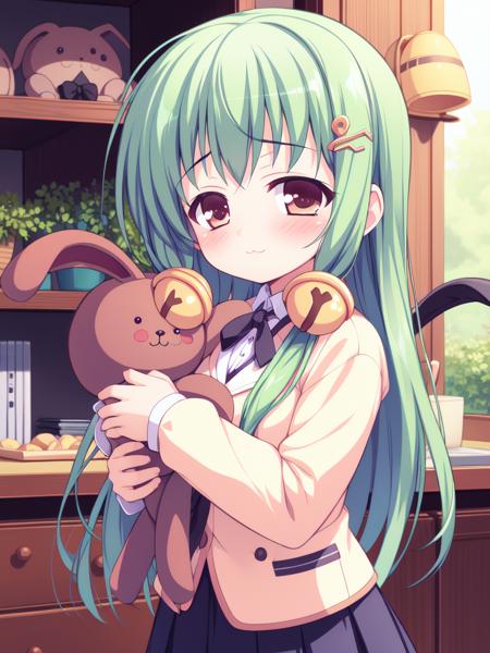 <lora:TachibanaYuzu:0.8>,TachibanaYuzu, 1girl, stuffed toy, bell, long hair, stuffed animal, green hair, blush, solo, hair ornament, skirt, :3, stuffed bunny, brown eyes, jingle bell, child.
masterpiece, high quality, very_high_resolution, large_filesize, full color,