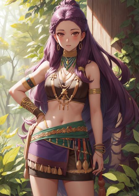 masterpiece, 4K, best quality, petra_timeskip, facial marks, long hair, tribal jewelry, brown crop top, sash, purple miniskirt, vambraces, forest, looking at viewer, hand to hips <lora:petra-nvwls-v1-000006:0.9>