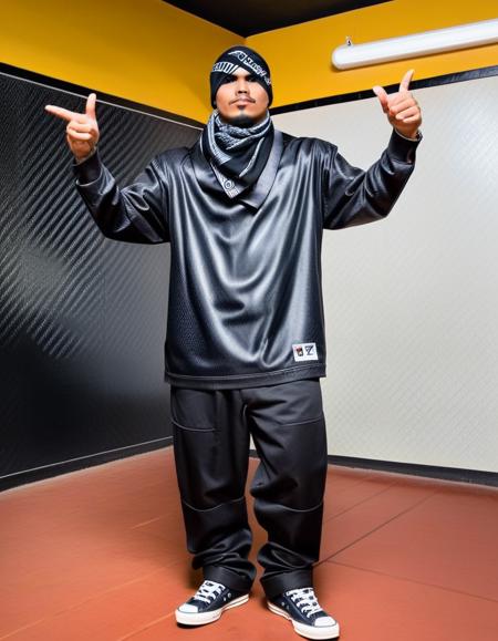 Surrealist art  <lora:Carbon_Fiber_Style_World_Morph_-_Snoodler_-_V2.0:1> cf_style,  <lora:Urban_style_-_choloschicanos_-_sdxl:1> cholos_style, chsty, solo, male focus, a cholo filled with carbon fiber skin, a cholo dj in a space station dance club, hands up, wearing a cholo suit, loose pants, converse tennis shoes, long loose jersey shirt, cybernetic eyes, bandana, he's in space station, respirator, carbon fiber tattooes, carbon fiber floating in the air . Dreamlike, mysterious, provocative, symbolic, intricate, detailed