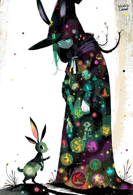 WackyScratchDaal ,   A mirror witch, whose entire body reflects other realities, bends down to help a baby jackalope fix its glitched shadow. Each reflection in her cloak shows a different magical micro-world. The art style channels vaporwave colors, glitchcore aesthetics, and folklore design all in one.
