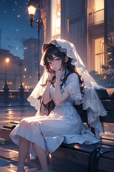 a woman in a white dress sitting on a bench next to the water at night with a veil on her head, Du Qiong, cosplay, a hologram, rococo