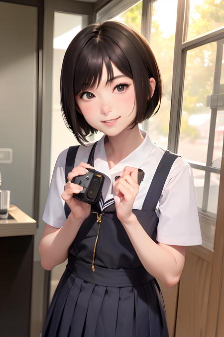 (mastepiece:1.2, Best Quality, Photo Real Stick), 1girl, NATSUMI, (japanese actress, japanese face, kawaii), short hair, dark-brown hair, black eyes,, School uniform, face close-up, face focus, looking at viewer, upper body, perfect hands, Smile lightly without opening your mouth,