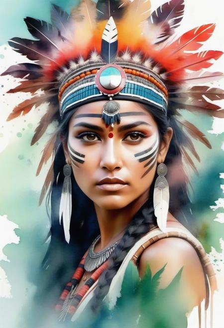 Double exposure reflected Digital watercolor Illustration of a of portrait of a warrior woman indian in the jungle with a lot of tribals decorations, soft Cinematic Volumetric lighting, flowery pastel colors