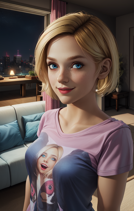 saraht1, blonde hair, blue eyes, short hair, 
upper body,  standing, 
 pink shirt, 
night, living room,  couch, 
 looking at viewer, smile,
(insanely detailed, beautiful detailed face,beautiful detailed eyes, masterpiece, best quality), solo, 
 <lora:sarahMPS3-10:0.8>