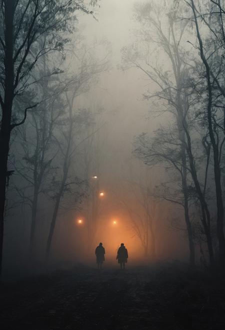 landscape, mist, trees, fog, two-color image blade runner orange cinematic light, silhouette figure, grainy image, dark atmosphere, dual frame, cinematic dual frame. moody.collage of three vertical  frames.