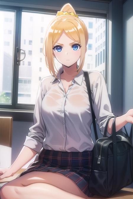 clairethomas, <lora:claire thomas anime s1-lora-nochekaiser:1>,
claire thomas, long hair, blue eyes, blonde hair, ponytail, scrunchie,
BREAK skirt, shirt, school uniform, white shirt, plaid, plaid skirt,
BREAK indoors, classroom,
BREAK looking at viewer,
BREAK <lyco:GoodHands-beta2:1>, (masterpiece:1.2), best quality, high resolution, unity 8k wallpaper, (illustration:0.8), (beautiful detailed eyes:1.6), extremely detailed face, perfect lighting, extremely detailed CG, (perfect hands, perfect anatomy),