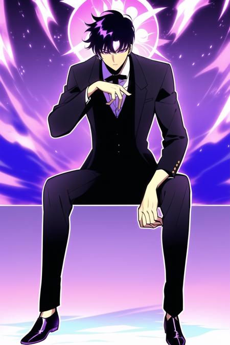 <lora:SoloLevelling:0.8>,1boy,male,sun jinwoo,black hair, purple aura, purple eyes, full body, black shirt, black shoes, (formal), black clothing, bangs, short hair, (solo focus), detailed eyes, sky, purple glowing outline, sitting, serious, spread legs, hands on own knees, muscular male,