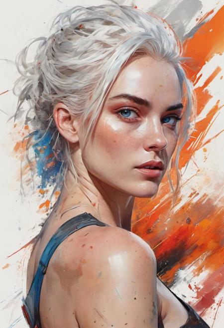 Margot Robbie, abstract beauty with white hair and blue grey eyes, looking at the camera, approaching perfection, dynamic, back view, red black and orange colors, busty, highly detailed, digital painting, artstation, concept art, sharp focus, illustration, art by Carne Griffiths and Wadim Kashin