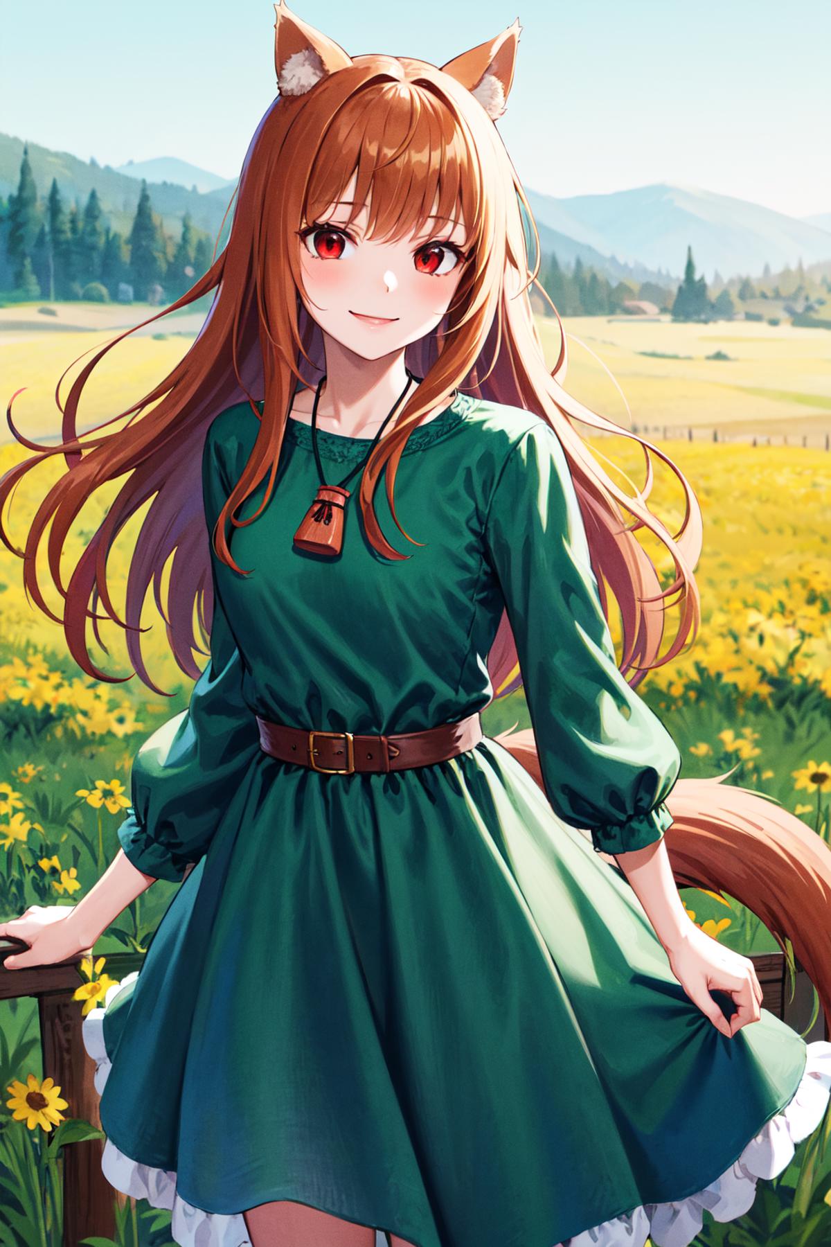 Anime girl with red eyes and a green dress posing in a field.