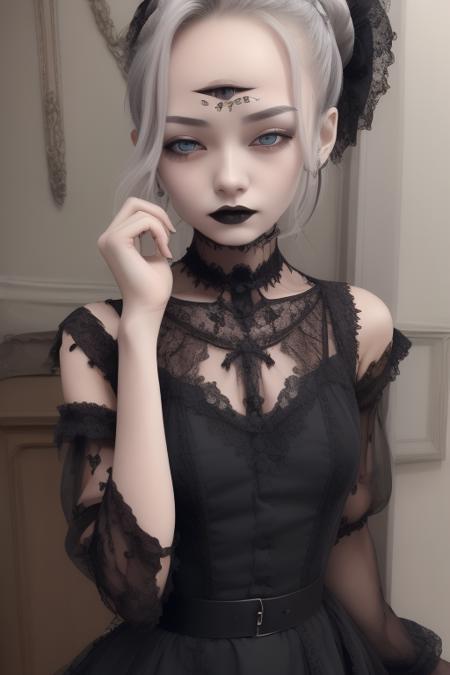 {best quality}, <lora:eye_on_forehead_v1.0A:0.9>eyeonforehead,beautiful 1girl,18years old, upper body, silver hair,gothic