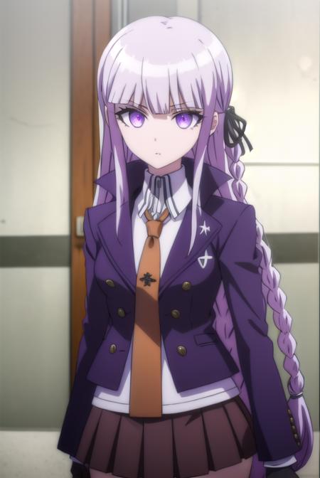 kyokokirigiri, <lora:kyouko kirigiri s1-lora-nochekaiser:1>,
kyouko kirigiri, long hair, bangs, ribbon, (purple eyes:1.1), hair ribbon, purple hair, braid, single braid, side braid,
BREAK skirt, shirt, gloves, long sleeves, jacket, white shirt, pleated skirt, open clothes, necktie, collared shirt, black skirt, open jacket, black jacket, black ribbon, brown necktie,
BREAK outdoors, classroom,
BREAK looking at viewer, (cowboy shot:1.5),
BREAK <lyco:GoodHands-beta2:1>, (masterpiece:1.2), best quality, high resolution, unity 8k wallpaper, (illustration:0.8), (beautiful detailed eyes:1.6), extremely detailed face, perfect lighting, extremely detailed CG, (perfect hands, perfect anatomy),