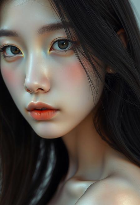 DSLR-style, slender, elegant 26-year-old Korean model, extremely pale skin with natural texture, soft shadow on cheek, diffused daylight from side, parted lips, masterpiece, ultra high-res  
<lora:NOOB_vp1_detailer_by_volnovik_v1:1>
barely visible pores, subtle skin texture variation, translucent skin tone, full body. 
Imagine a digital painting with a soft, ethereal quality, focusing intently on the delicate features of a young individual with long, flowing dark hair. The lighting should be gentle and diffused, perhaps reminiscent of soft natural light filtering through a sheer curtain or the subtle glow of an overcast day. This light should caress the subject's face, highlighting the subtle contours of their cheekbones, the gentle curve of their jawline, and the smooth expanse of their forehead. Avoid harsh shadows; instead, aim for a luminous and even illumination that emphasizes the skin's natural texture and tone.
The subject's eyes are a central focal point. They should appear large and expressive, with dark irises that hold a hint of introspection or quiet contemplation. The gaze should be direct yet soft, engaging the viewer with a sense of vulnerability and sincerity. Pay close attention to the subtle details of the eyelashes – their delicate length and the way they frame the eyes. The eyebrows should be naturally shaped and softly defined, contributing to the overall harmony of the face.