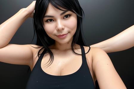 a portrait of DEN_lusia_SG in front of a [plain black background] wearing a black tank top, collarbone, [headshot], [centre frame], looking at the camera, facing the camera,
[gentle smile closed mouth], dynamic lighting, mole above her lip on the right,
photorealistic, high detail, detailed, masterpiece, 8k, highres, flawless, colour, professional