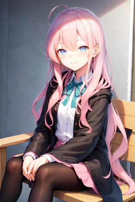 masterpiece, best quality, highres, 1girl hoki pink hair, green neck ribbon collared shirt white shirt black skirt pink and black robe wide sleeves black pantyhose <lora:hoki_07:1> outdoors, smile sitting on chair