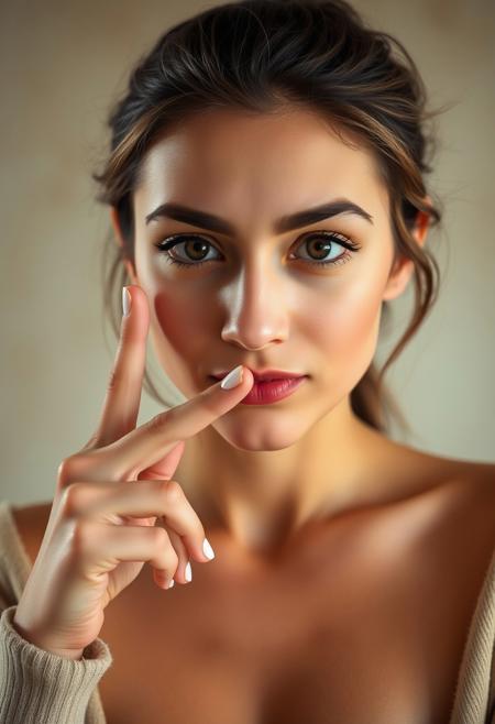 A young woman looking directly at the camera with a confident and playful expression, clearly conveying that she is asking for silence. Her eyes exude a sense of complicity and charm. The image is vertical, showing her from the chest up, with a softly blurred neutral background and natural, soft lighting highlighting her features. The overall style is realistic
