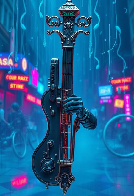 "((Color rush)),  octocore, rococo punk, petrol colored, mucical instrument , illusion,  limitless, pale, chaotic, mucical notes , ultra detailed, cinematic  "