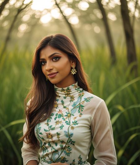 s4ar0m, nature, Spectacular light, Colorful flowering, 8k, soft lighting, high quality, film grain, Olympus OM1 sharp focus, f 3.4, (eye shadow), (eyeliner), ((detailed eyes)), (seductive pose), upper body, smile, upper body, dress, Long dress, breast, Turtleneck, Kaziranga National Park