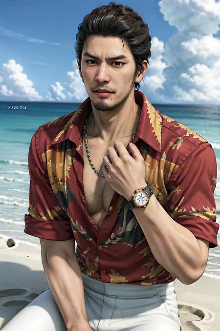 1boy, kazuma kiryu, ryu ga gotoku, yakuza, (black hair, short hair, brown eyes) (pointy hair:1.45), thick eyebrows, (white pants:1.35), jewelry, necklace, (red shirt, hawaiian shirt, chest hair:1.35), wristwatch, (mature male, manly, muscular:1.35), (facial hair, beard, goatee:1.35), on a beach in Okinawa, sitting on sand, loose waves, blue sky, smile, (realistic:1.5), (unreal engine:1.3), (cinematic color, color accuracy:1.45), (masterpiece, best quality:1.5), extremely detailed, high resolution, 8k uhd unity wallpaper, <lora:Kazuma Kiryu:0.7>