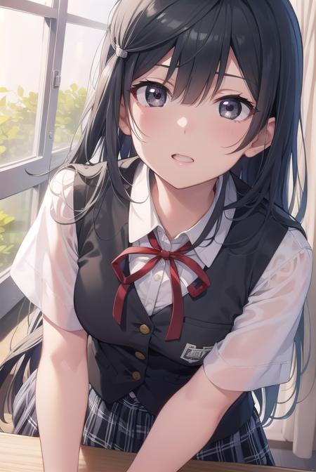 setsunayuuki, <lora:setsunayuuki-lora-nochekaiser:1>, 
setsuna yuuki, (black eyes:1.5), black hair, long hair, one side up, (medium breast:1.2), 
BREAK armband, blue vest, buttons, collared shirt, dress shirt, grey skirt, neck ribbon, nijigasaki academy school uniform, plaid, plaid skirt, pleated skirt, red ribbon, ribbon, school uniform, shirt, short sleeves, skirt, summer uniform, vest, white shirt,
BREAK looking at viewer, 
BREAK indoors, classroom, 
BREAK <lyco:GoodHands-beta2:1>, (masterpiece:1.2), best quality, high resolution, unity 8k wallpaper, (illustration:0.8), (beautiful detailed eyes:1.6), extremely detailed face, perfect lighting, extremely detailed CG, (perfect hands, perfect anatomy),