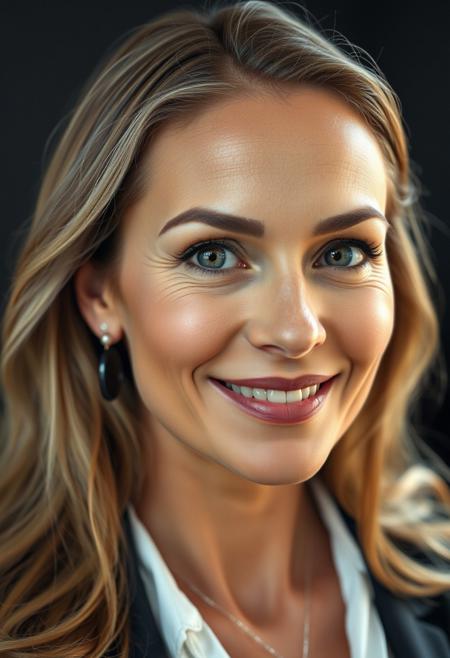 Creates a hyper-realistic close-up portrait of a beautiful, approachable, intellectual woman. She has a kind and warm expression, with flawless skin and natural makeup that enhances her features. Her eyes are beautiful clear, firm gaze, business woman. She has long, wavy, well-coiffed hair, which enhances her feminine beauty, dressed in a clean, elegant outfit, elegant earrings and a subtle necklace with a pendant. The background is dark blurred, looking at the viewer, professional, defined photo, detailed perfect skin complexion, perfectly detailed textured lips, contest photo, winner.