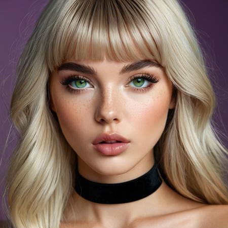 (masterpiece), (ultra-detailed portrait), (cinematic lighting), close-up headshot of a gorgeous young woman with pale tan skin, subtle warm undertone, and freckles dusted across her cheeks and nose. Her long platinum blonde hair frames her face in soft waves with thick straight bangs falling just above her large almond-shaped light green eyes. She’s staring directly at the viewer with a slow-burning, seductive gaze — lids slightly lowered, lashes heavy with mascara, black winged eyeliner sharp. Her mouth is parted slightly, revealing glossy pink lips and the edge of her tongue against her teeth. Her expression is calm, teasing, and intensely magnetic. Her defined cupid’s bow and slightly flushed cheeks add to the sultry atmosphere. She wears a black velvet choker and no top — only her collarbones and bare shoulders are visible. Background fades into a soft blur of purples and shadows with rim light outlining her hair. Flawless skin texture, editorial sensuality, intimate, glamorous, focused on face symmetry and sexual charisma.