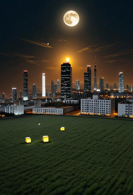 a huge hilly field covered with grass with partially clayey inclusions, green and brown boxes are visible very far away, also behind the hills narrow black skyscrapers with white windows with a yellowish tint are visible, green and brown boxes are visible far away, a dimly lit and dull black building with an orangish glow from sunset, you can see a small white bright advertisement with incomprehensible outlines, black skyscrapers with light yellow windows topped with metal structures standing right in the middle of the field reflect the light of the moon, in the distance you can see small two-story buildings with very small windows and a chimney, a little closer near the skyscrapers you can also see small two-story buildings buildings with very small windows and a chimney, not all skyscrapers are topped with metal structures, the sky on the horizon is from dark red to yellowish which sees off the departing sun, the moon is on the opposite side, the sky is soft blue topped by the moon on the opposite side of the sun, and a few stars, clouds light white very transparent barely visible,