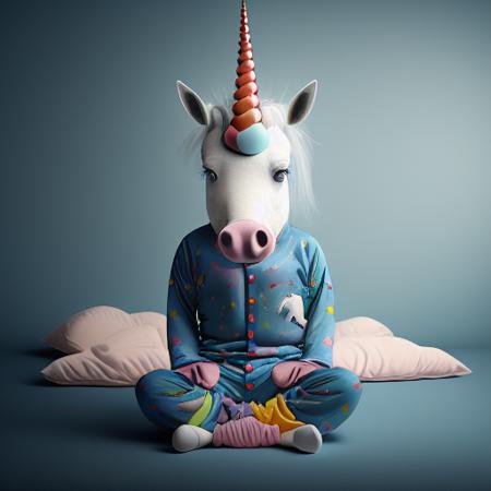 a surrealist sleepyheaded unicorn wearing pajamas inspired by Davegore and Yves Tanguy and Kahn Nova and Mark Ryden, muted colors, 128k, photorealistic, Houdini 3d, extremely intricate, ultradetailed, cinematic lighting, epic composition ,     <lora:LilYunicorn2-09:1>