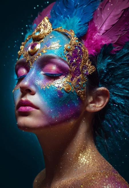 This image is a vibrant, surreal digital artwork featuring a woman's face and head, rendered in a highly stylized, fantastical manner. The woman's face is adorned with a glittering, iridescent material that catches the light, creating a dazzling display of colors. Her face is covered in glittering particles that shimmer with hues of blue, pink, purple, and gold, giving her an ethereal, almost celestial appearance. 
Her eyes are closed, and her lips are painted a bright, glossy pink, enhancing the otherworldly effect. Her head is topped with an elaborate, ornate headdress composed of feathers, predominantly in shades of blue and teal, which blend seamlessly into the glitter on her face, creating a cohesive, surreal look. 
The background is a deep, solid black, which makes the glitter and feathers stand out even more vividly. The image has a dreamy, almost futuristic aesthetic, with a strong emphasis on texture and color. The glitter on her face and the feathers on her head are depicted as if they're made of the same material, creating a sense of fluidity and interconnectedness.
The overall style is highly artistic and fantastical, blending elements of surrealism, fantasy, and digital art, evoking a sense of wonder and otherworldliness.