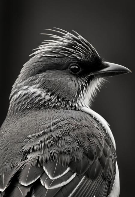 A captivating close-up portrait of a gorgeous little bird captured in timeless black and white fine art photography. The bird is bathed in soft, diffused lighting, with intricate details of its feathers and features rendered in exquisite detail. The image is rendered in sharp clarity, capturing the bird's delicate form and expressive gaze with stunning precision. Soft, subtle shadows add depth and dimension to the composition, creating a sense of depth and texture. This stunning image is rendered in insanely high resolution, realistic, 8k, HD, HDR, XDR, focus + sharpen + wide-angle 8K resolution + HDR10 Ken Burns effect + Adobe Lightroom + rule-of-thirds + high-detailed bark. Canon EOS 5D Mark III, 1/160s, f/8, ISO 100. The resulting image is a masterpiece of fine art photography, with timeless elegance and beauty that transcends the boundaries of color. (tranquil yet evocative:1.2)