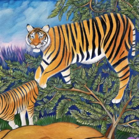 beautiful image of tiger hiding in bushes in the style of <lora:madhubnillust-000012:0.9>, sunset scene, river