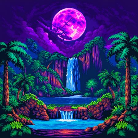 apxlz, a tropical rainforest with towering waterfall, bright purple moon in sky