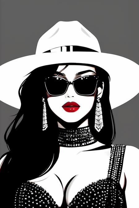 1girl, sunglasses, solo, hat, lipstick, red lips, long hair, dress, plunging neckline, makeup, monochrome, white background, earrings, cleavage, jewelry, upper body, spot color, hair over shoulder,dark theme,huge breasts,shiny,shiny skin,parted lips,milf,(mature female:1.2),<lora:fashigirl-v6-sdxl-5ep-resize:0.7>