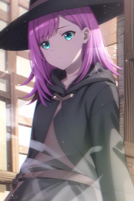 raichee, long hair, hat, (green eyes:1.3), pink hair, hat, belt, cape, witch hat, cloak,