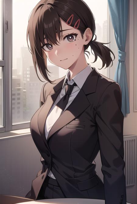 kobenihigashiyama, <lora:kobenihigashiyamatest:1>,
kobeni higashiyama, black hair, hair ornament, hairclip, mole, mole under eye, ponytail, short hair, (brown eyes:1.5),
BREAK black necktie, black pants, business suit, formal, long sleeves, necktie, pants, suit, 
BREAK looking at viewer,
BREAK indoors, classroom,
BREAK <lora:GoodHands-vanilla:1>, (masterpiece:1.2), best quality, high resolution, unity 8k wallpaper, (illustration:0.8), (beautiful detailed eyes:1.6), extremely detailed face, perfect lighting, extremely detailed CG, (perfect hands, perfect anatomy),