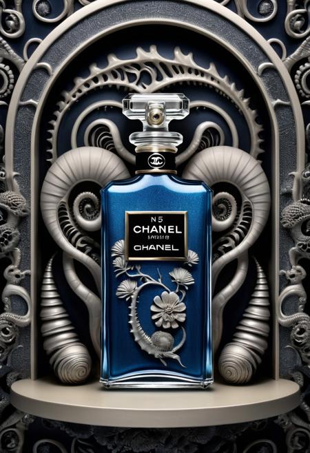 wallpaper pattern of Chanel no 5 perfume bottle, in the style of hokusai and HR Giger, best quality, masterpiece, HRGigerAI