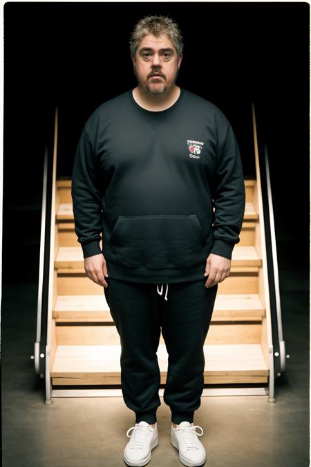 PhillJupitus, large format photo of a man, anxious facial expression, gray crewneck sweatshirt, jogger sweatpants and slip-on sneakers, upper body, under bounced lighting, from below, shot on a Kodak Brownie <lora:PhillJupitusLora:1>