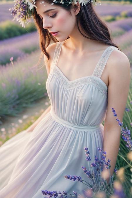 AshleyG_SoloTI_v1,
(In a flowing dress of soft lilac chiffon, adorned with delicate lace and adorned with sparkling crystals, for a dreamy and enchanting look),
(Amidst a field of wildflowers in full bloom, where the gentle breeze carries the scent of lavender and the song of birds fills the air, a sense of purity and innocence surrounds the ethereal figure of Lilies:1.3),
(seductive:1.3),(analog, cinematic, film grain, hazy atmosphere, cinematic shot:1.3), 
 <lora:add_detail:0.6>,<lora:LowRa:0>, PA7_Portrait-MCU,