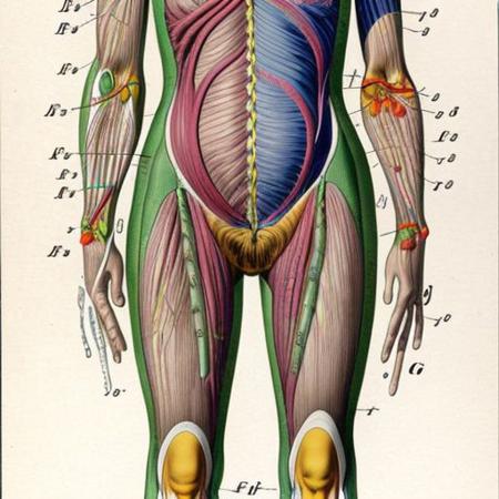 colorful illustration of  lymphatic system, arcane labels, visceral, art by anatomical-illustration, analog style