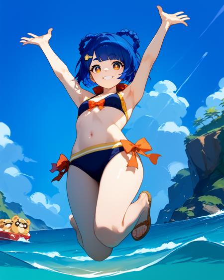 blue_hair short_hair hair_between_eyes brow_braid hair_ornament small_breasts  braided_bows golden_eyes xiangling_shana