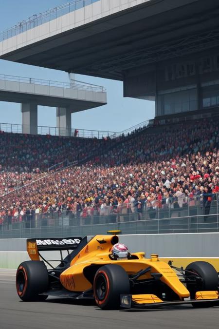 a formula 1 car driving in a chinese race track with people cheering in the stands. the car is red with some yellow.