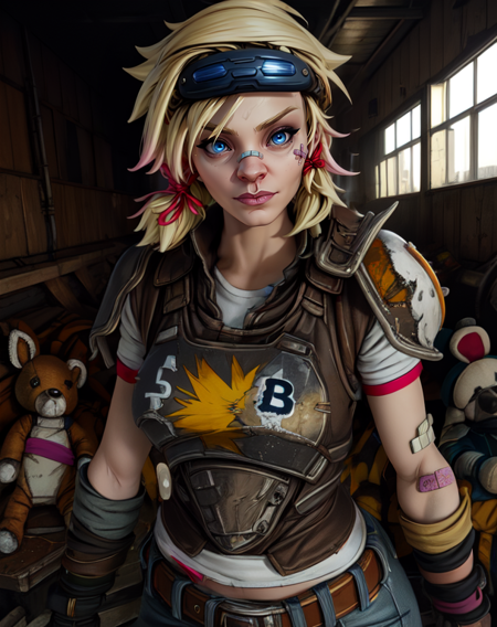 Tina,blue eyes,blonde hair,
belt,goggles on head,gloves,fingerless gloves,bandaid on face,jeans,hair ribbon,armor,
standing,upper body,
western bar,wastelands,
(insanely detailed, beautiful detailed face, masterpiece, best quality),solo,<lora:Tina-10BL3v2:0.8>,