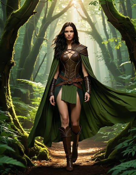 NA-Stunning-Female-Warrior, In the heart of a dense and foreboding forest, a determined and audacious female warrior navigates through the tangled undergrowth in a mesmerizing Mystery-fantasy full-body illustration. Her piercing green eyes scan the shadowy depths, reflecting the dappled sunlight that filters through the thick canopy above. Clad in rugged leather armor, each piece adorned with intricate runes of protection, she stands as a solitary figure amidst the ancient trees. (Her cloak, woven from the finest spider silk and enchanted to blend seamlessly with the forest surroundings), sways gently in the breeze, a symbol of her connection to the wilderness. (Surrounded by towering trees and hidden dangers), she embodies the untamed spirit of the forest. (With flowing locks of earthy brown and a dynamic stance ready for any challenge), she exudes resilience and determination, inviting viewers to embark on an adventure through the enchanted woods. Inspired by the mysteries and wonders of the forest and the visionary works of (((Oliver Barrett, Nico Delort), Annie Stegg Gerard), Audrey Kawasaki), and Samuel Araya.