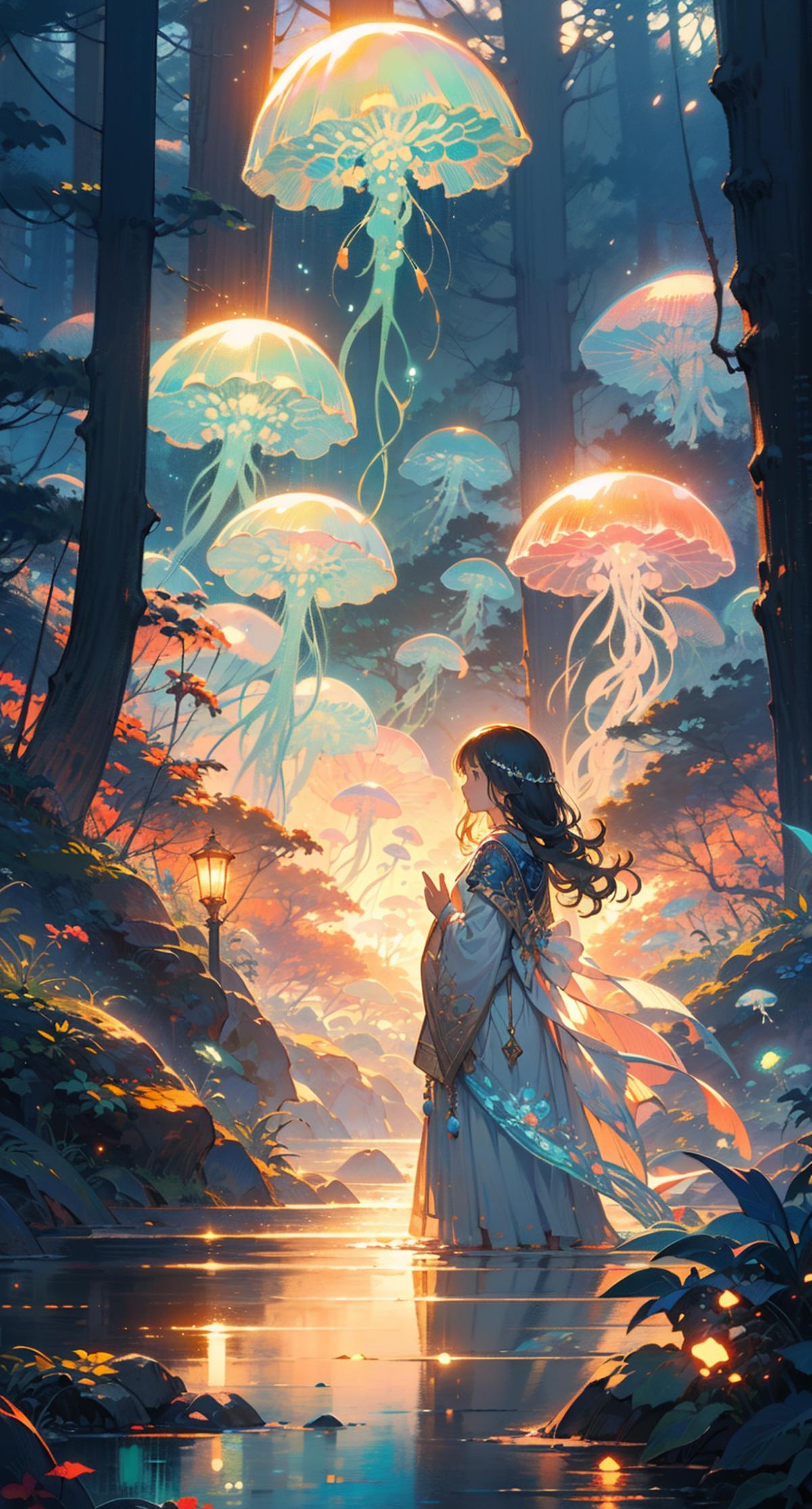 Illustration of a girl in a flowing dress surrounded by a forest of glowing mushrooms and jellyfish.