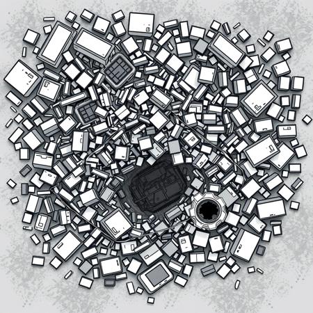 a overhead view of a piece of a large trashheap, in a black and white lineart style as a tile from a video game tileset, viewed directly from overhead, flat 2D minimalist style, black and white monochrome color pallete, The overall design is square in shape